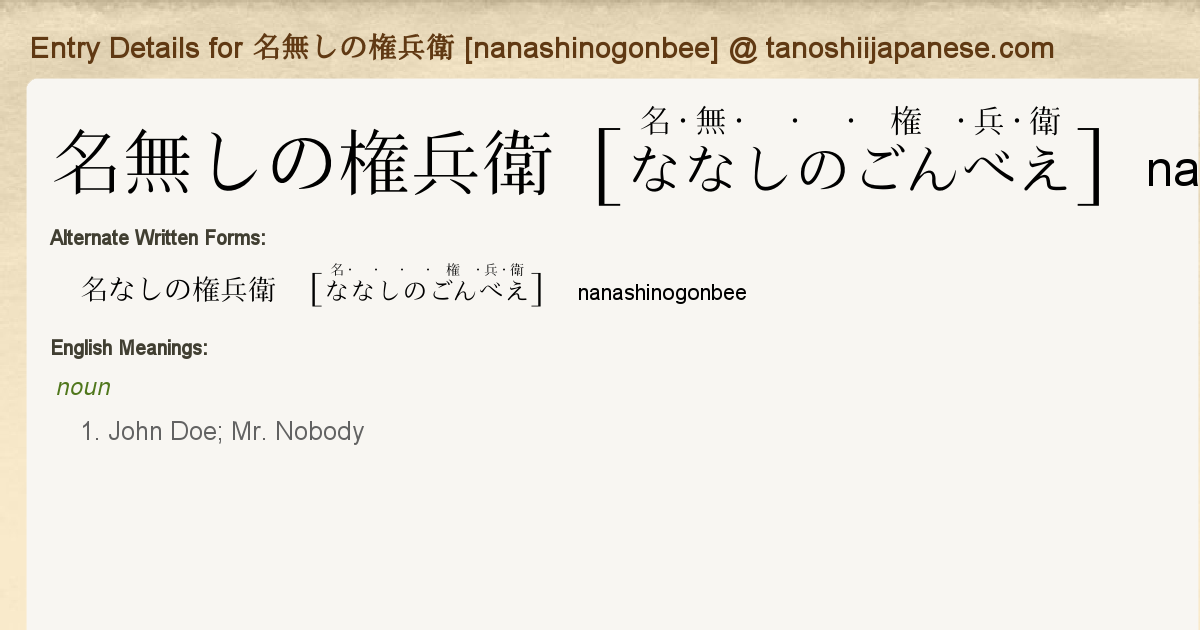 Entry Details For 名無しの権兵衛 Nanashinogonbee Tanoshii Japanese