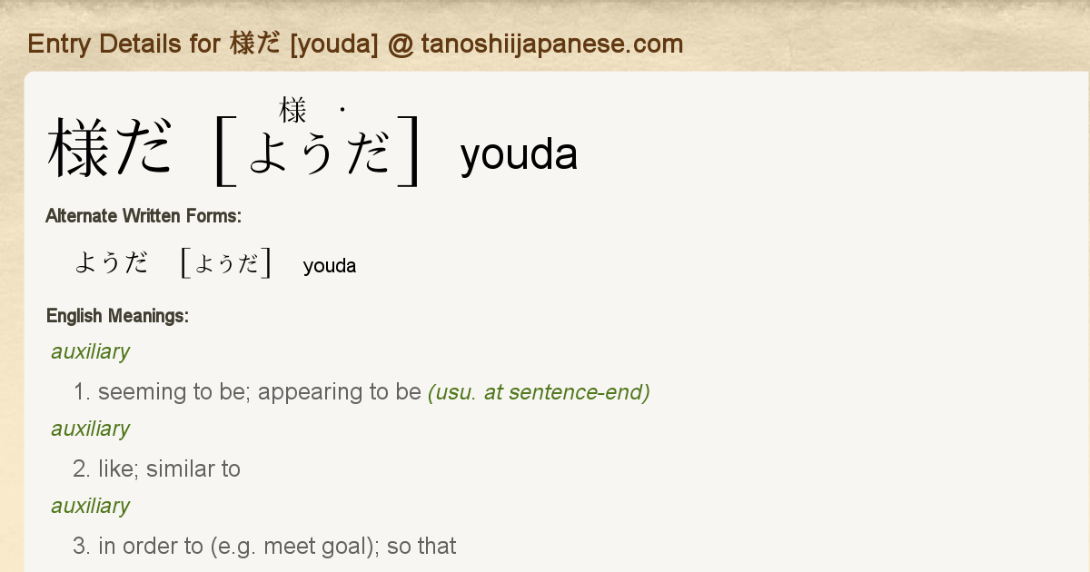 Entry Details for 様だ [youda] - Tanoshii Japanese