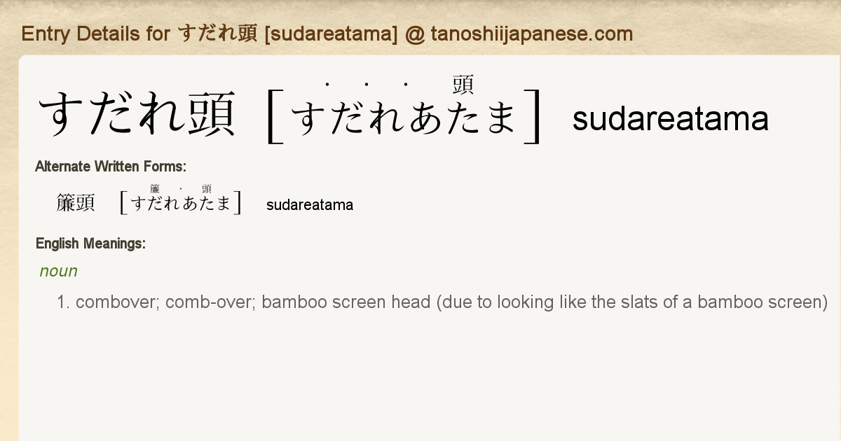 Entry Details For すだれ頭 Sudareatama Tanoshii Japanese