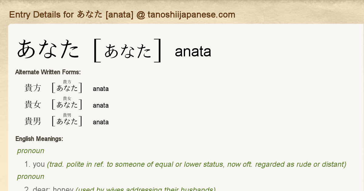 Entry Details for あなた [anata] - Tanoshii Japanese