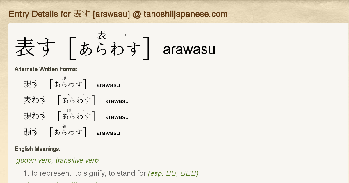 Entry Details For 表す Arawasu Tanoshii Japanese