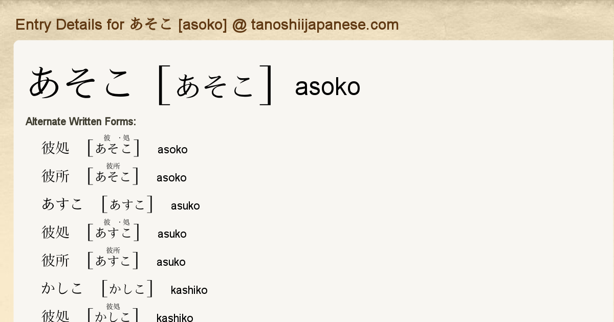 Entry Details For あそこ Asoko Tanoshii Japanese