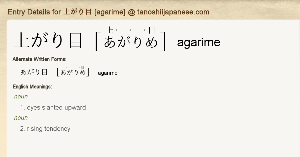 Entry Details For 上がり目 Agarime Tanoshii Japanese