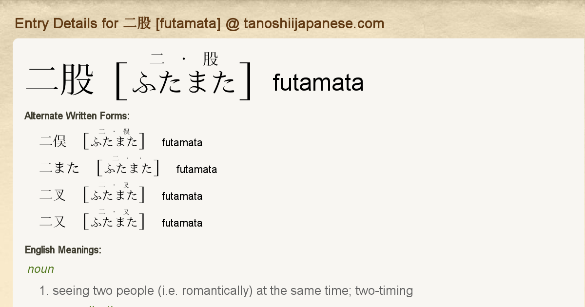 Entry Details For 二股 Futamata Tanoshii Japanese