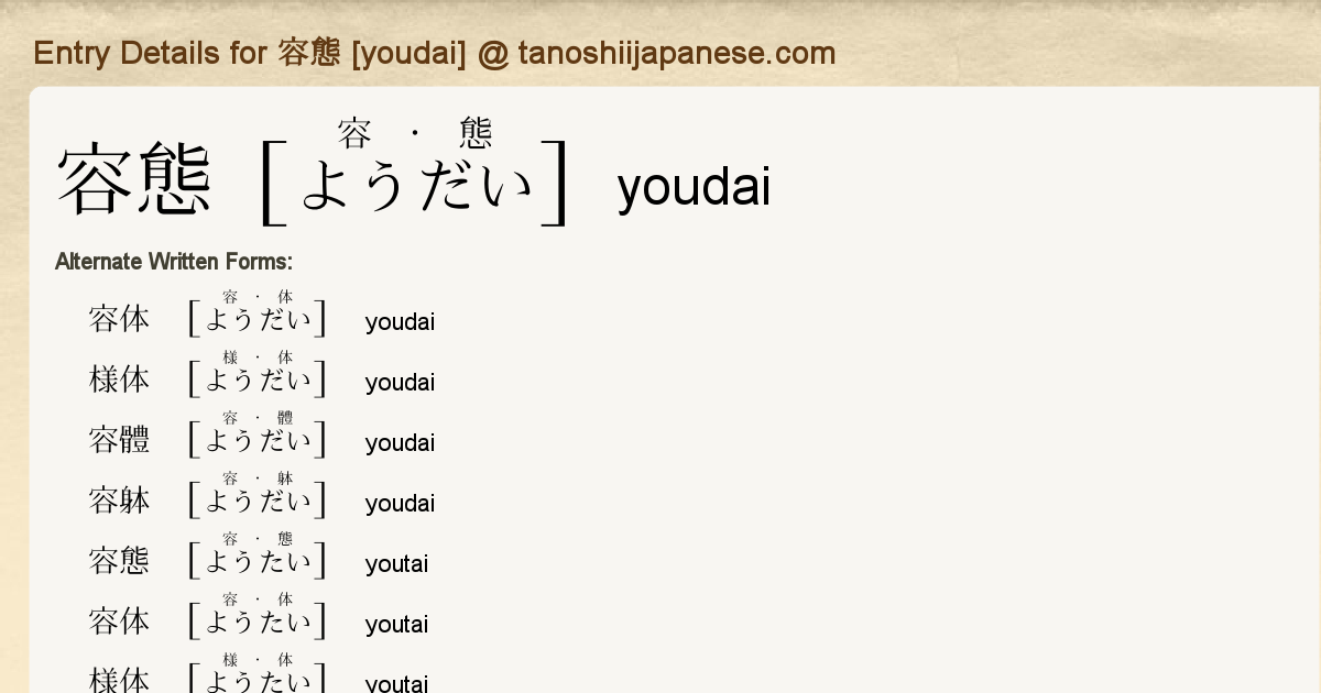 Entry Details For 容態 Youdai Tanoshii Japanese