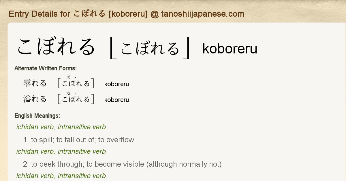 Entry Details For こぼれる Koboreru Tanoshii Japanese