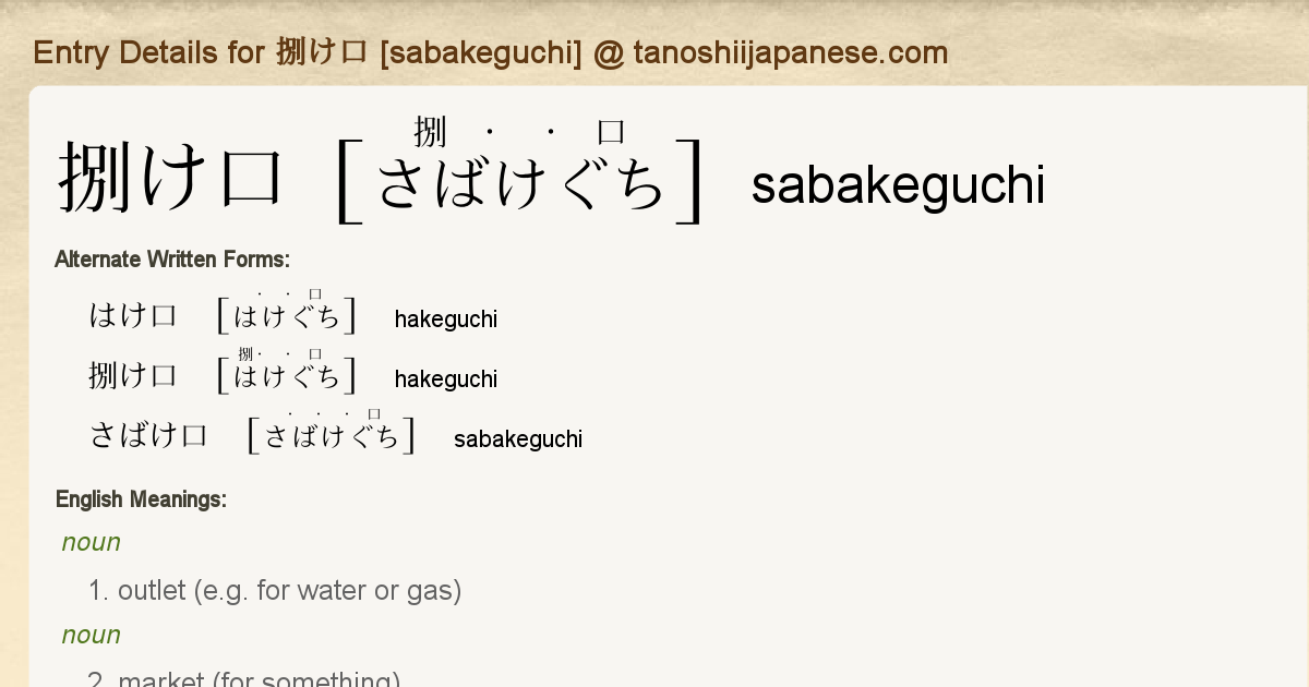 Entry Details For 捌け口 Sabakeguchi Tanoshii Japanese