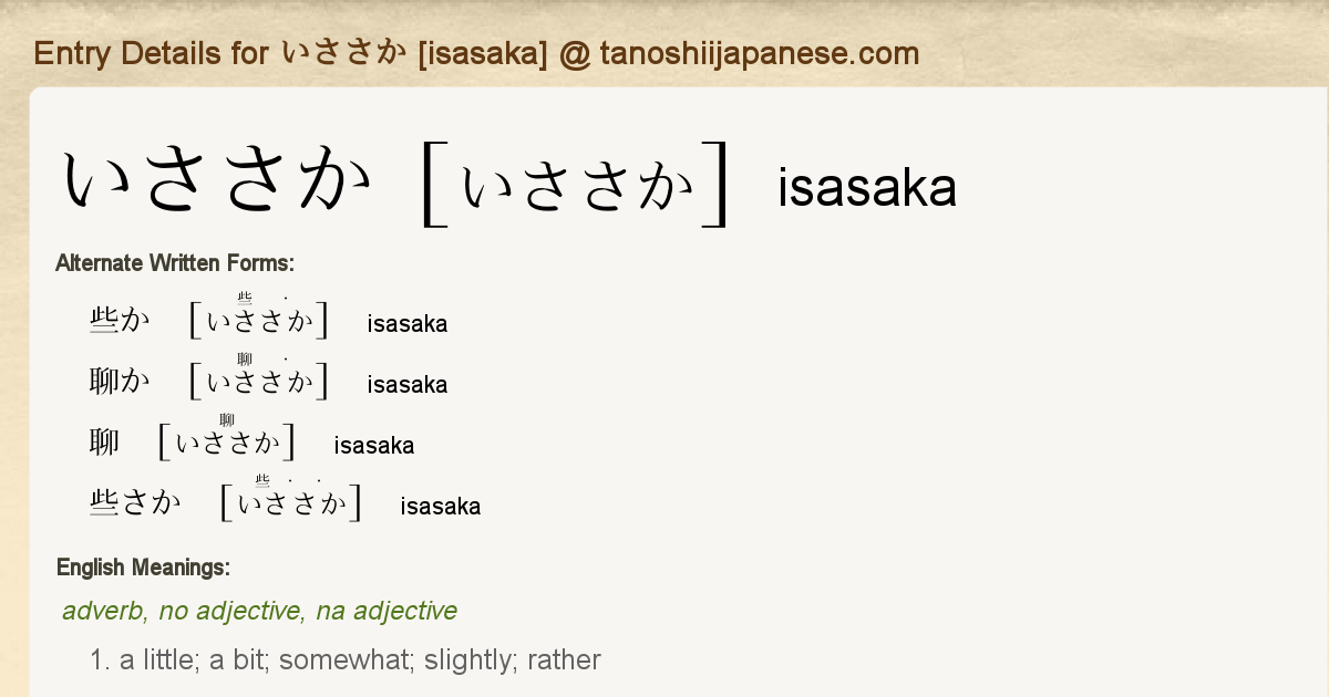 Entry Details For いささか Isasaka Tanoshii Japanese