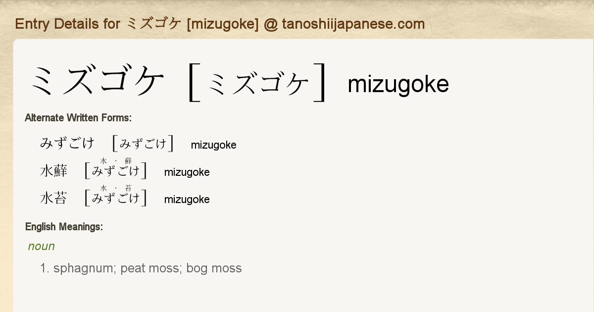 Entry Details For ミズゴケ Mizugoke Tanoshii Japanese