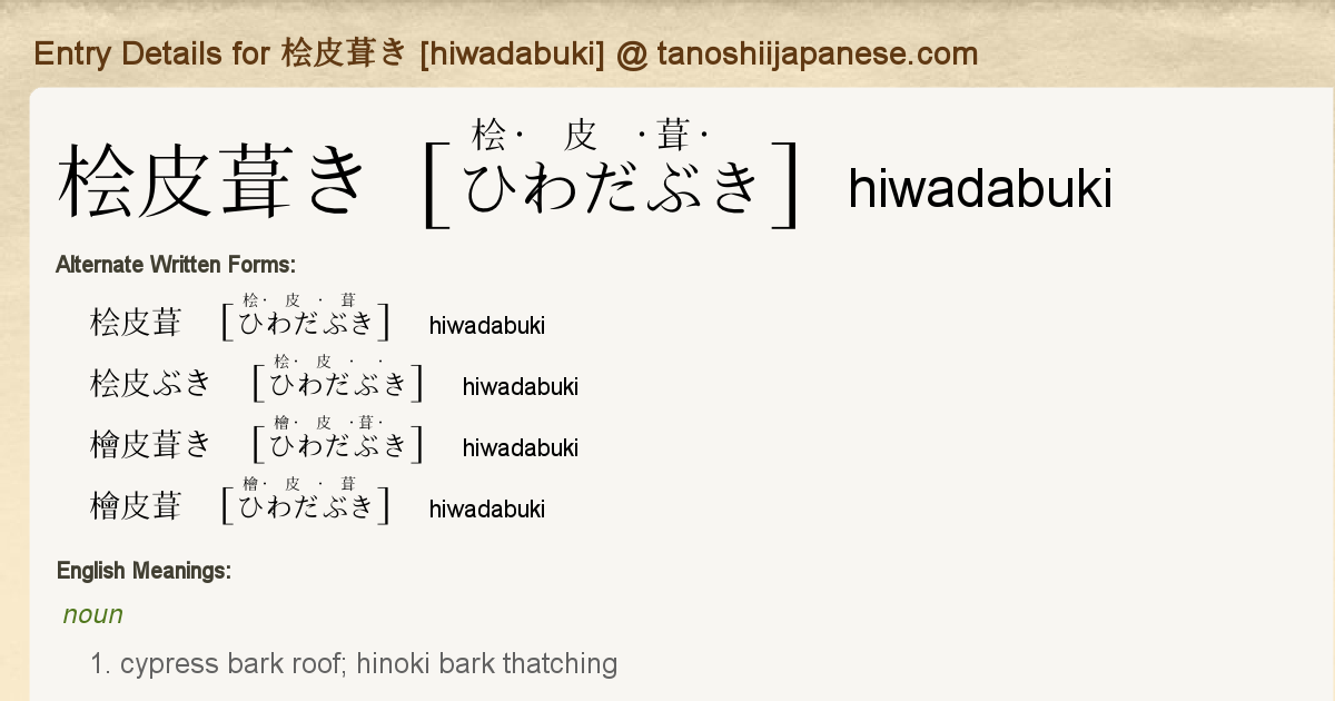 Entry Details For 桧皮葺き Hiwadabuki Tanoshii Japanese