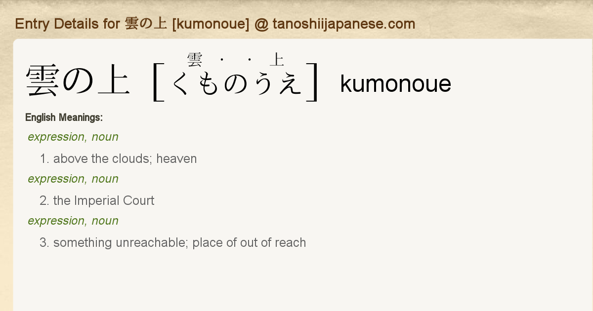 Entry Details For 雲の上 Kumonoue Tanoshii Japanese