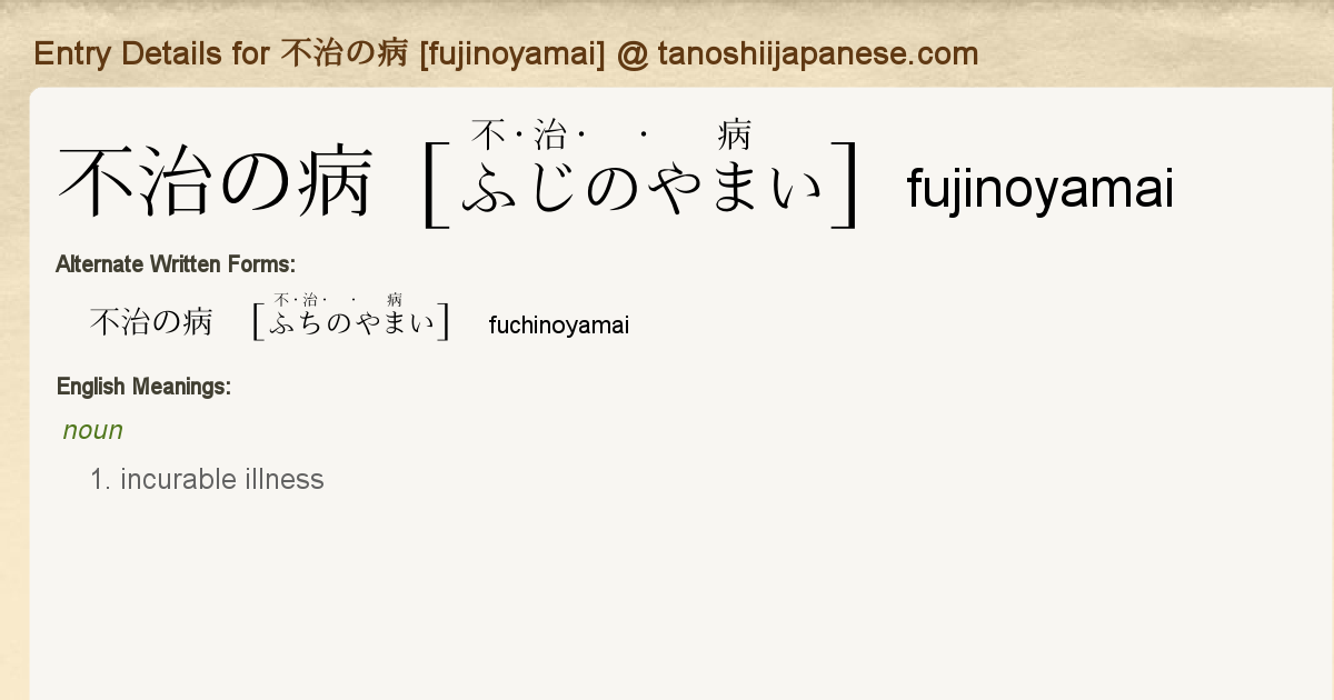 Entry Details For 不治の病 Fujinoyamai Tanoshii Japanese