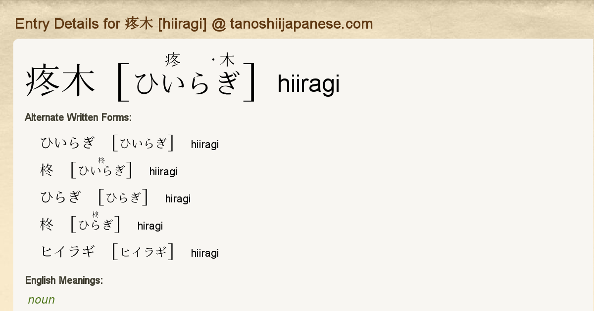 Entry Details For 疼木 Hiiragi Tanoshii Japanese