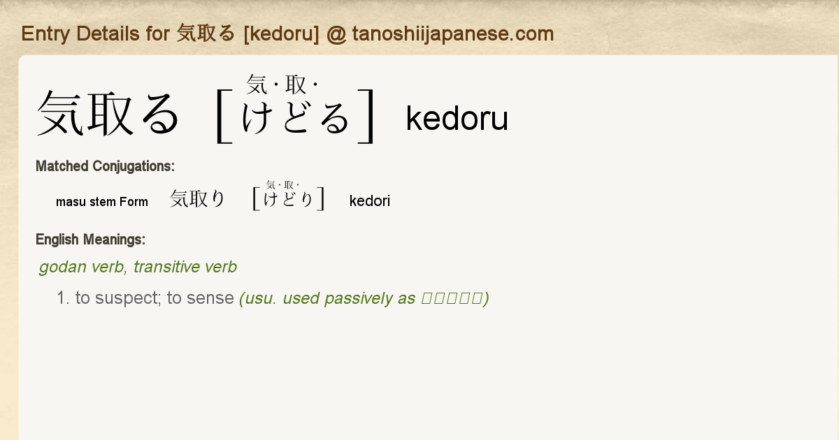 Entry Details For 気取り Kedori Tanoshii Japanese