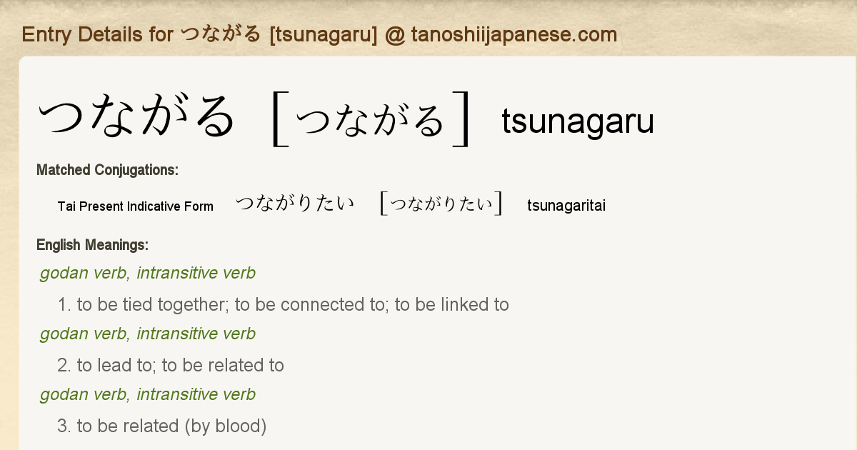 Entry Details for つながりたい [tsunagaritai] - Tanoshii Japanese