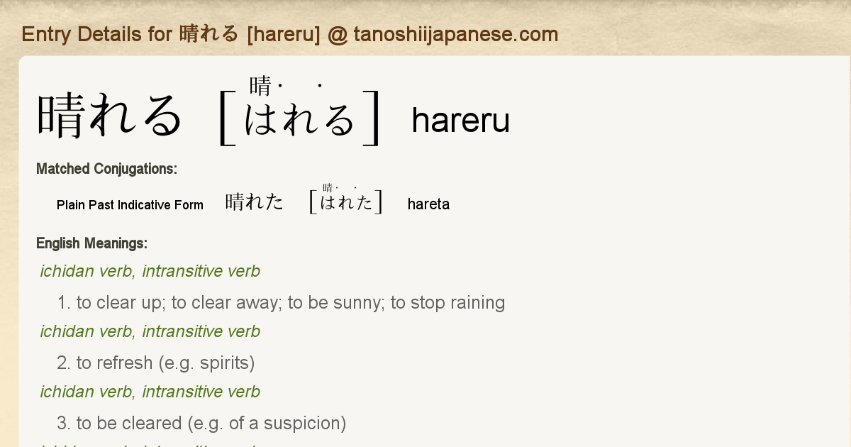 Entry Details for 晴れた [hareta] - Tanoshii Japanese