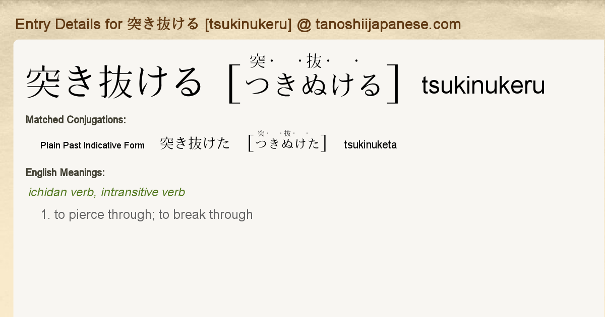 Entry Details For 突き抜けた Tsukinuketa Tanoshii Japanese